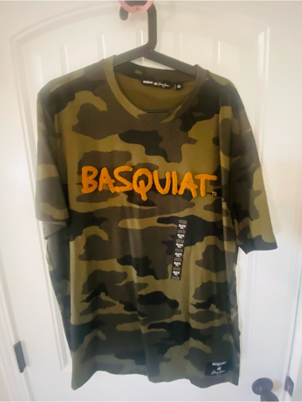 Sean John Olive Green Camo Tee with Orange BASQUIAT Script